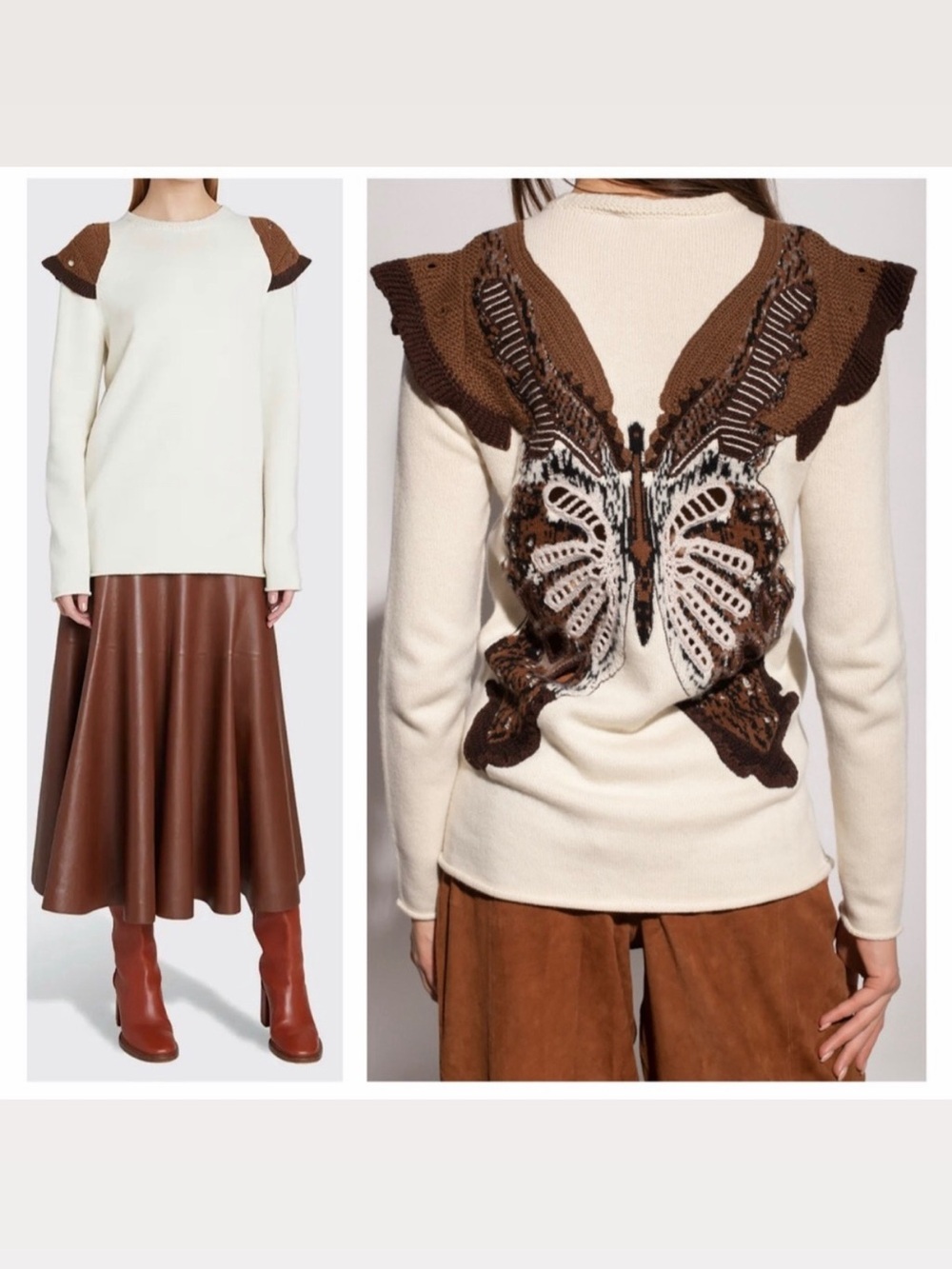 Chloé Cream Brown Sweater Wool Cashmere Butterfly XS Boho Knit Casual Long 🟡